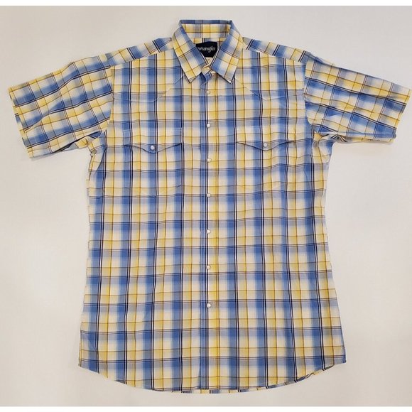 Wrangler Button Up Shirt Men's Large Pearl Snap Western Rodeo Cowboy Blue Yellow - Picture 1 of 7